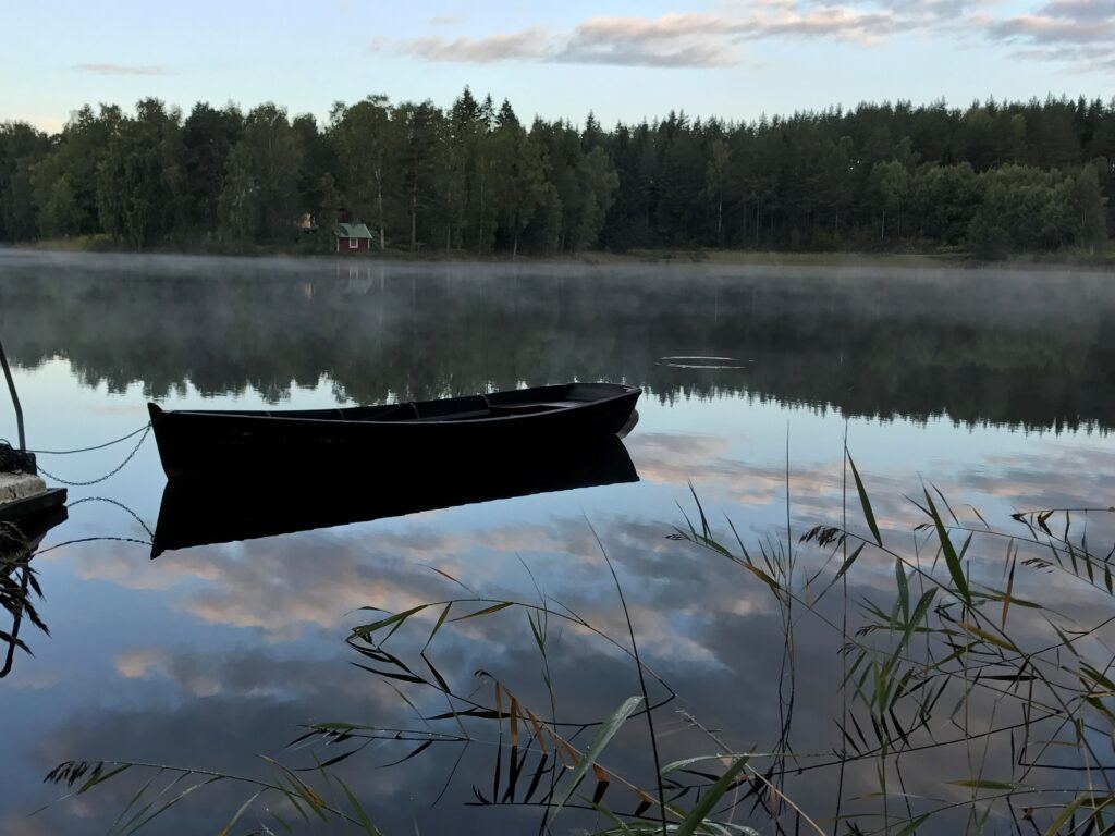 En träeka ligger stiltje i en skogsjö. Det är tidig morgon och dimman ligger lätt över vattenytan. I bakgrunden skymtas andra sidan av sjön och ett mindre rött trähus.