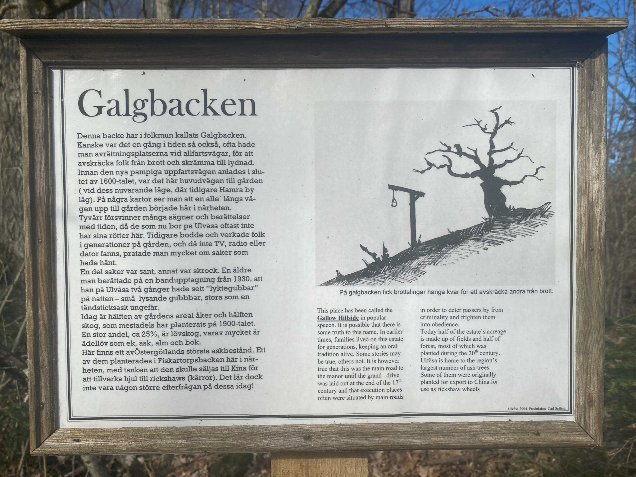 En bild på en skylt som informerar om "Galgbacken".