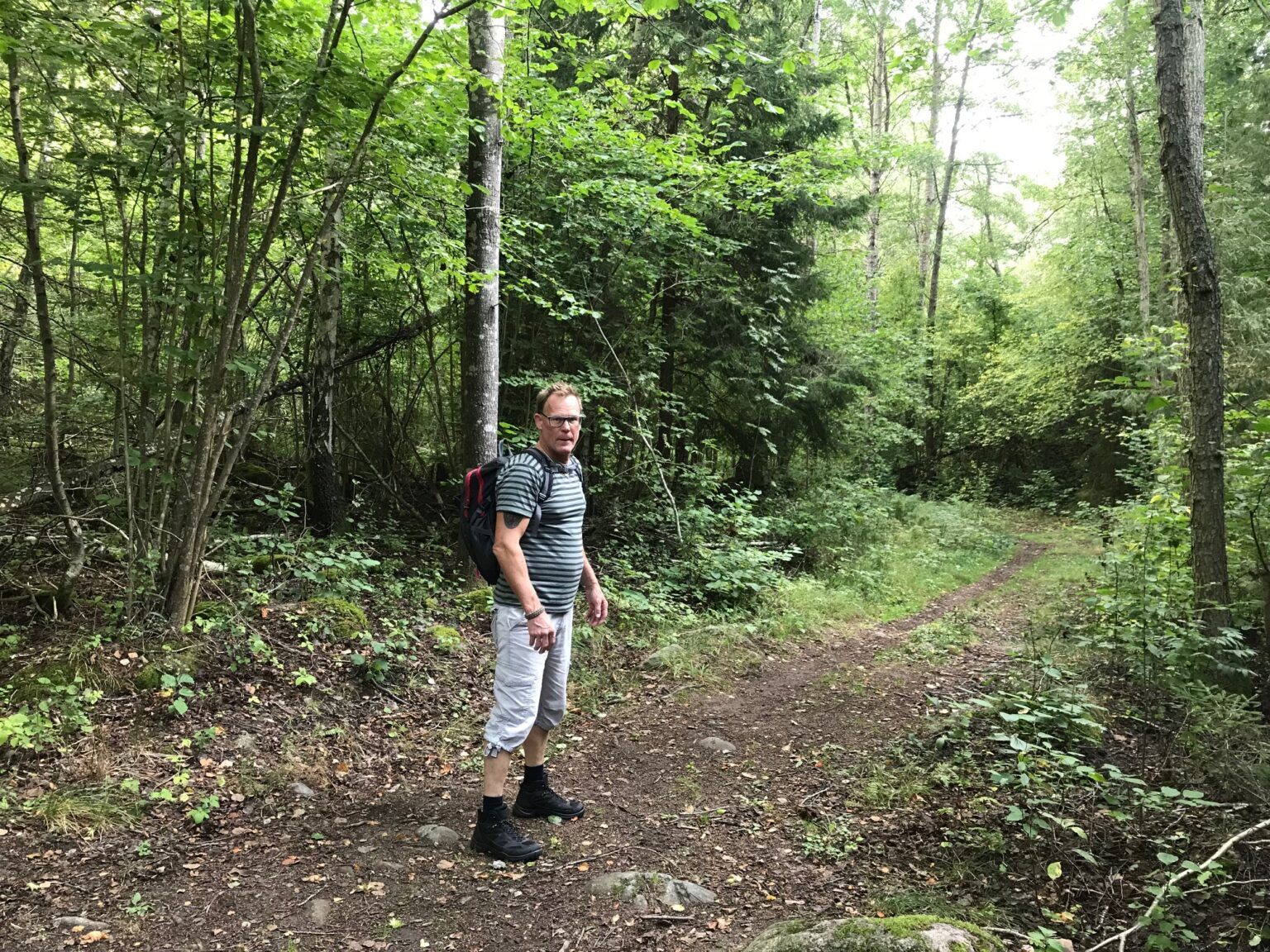 En man tittar mot kameran i början av en grönskande skogsstig.
