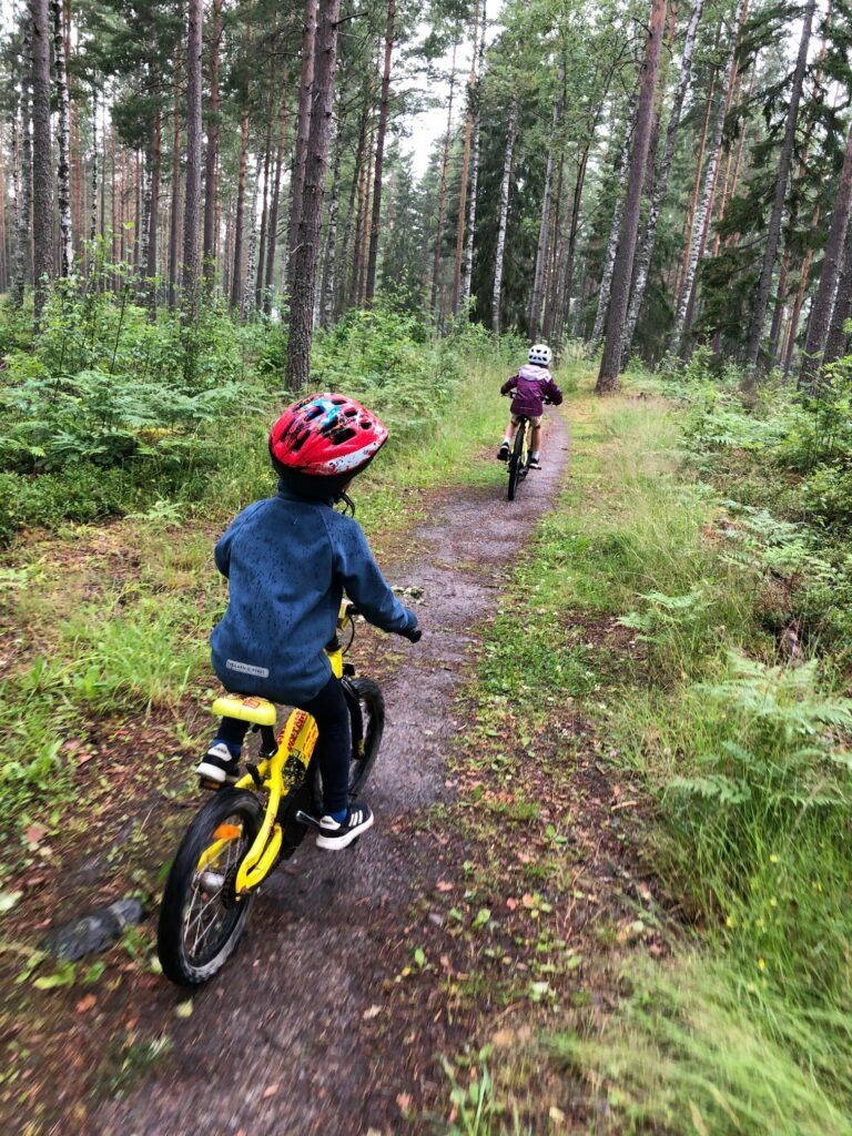 Två barn cyklar på stig i skog
