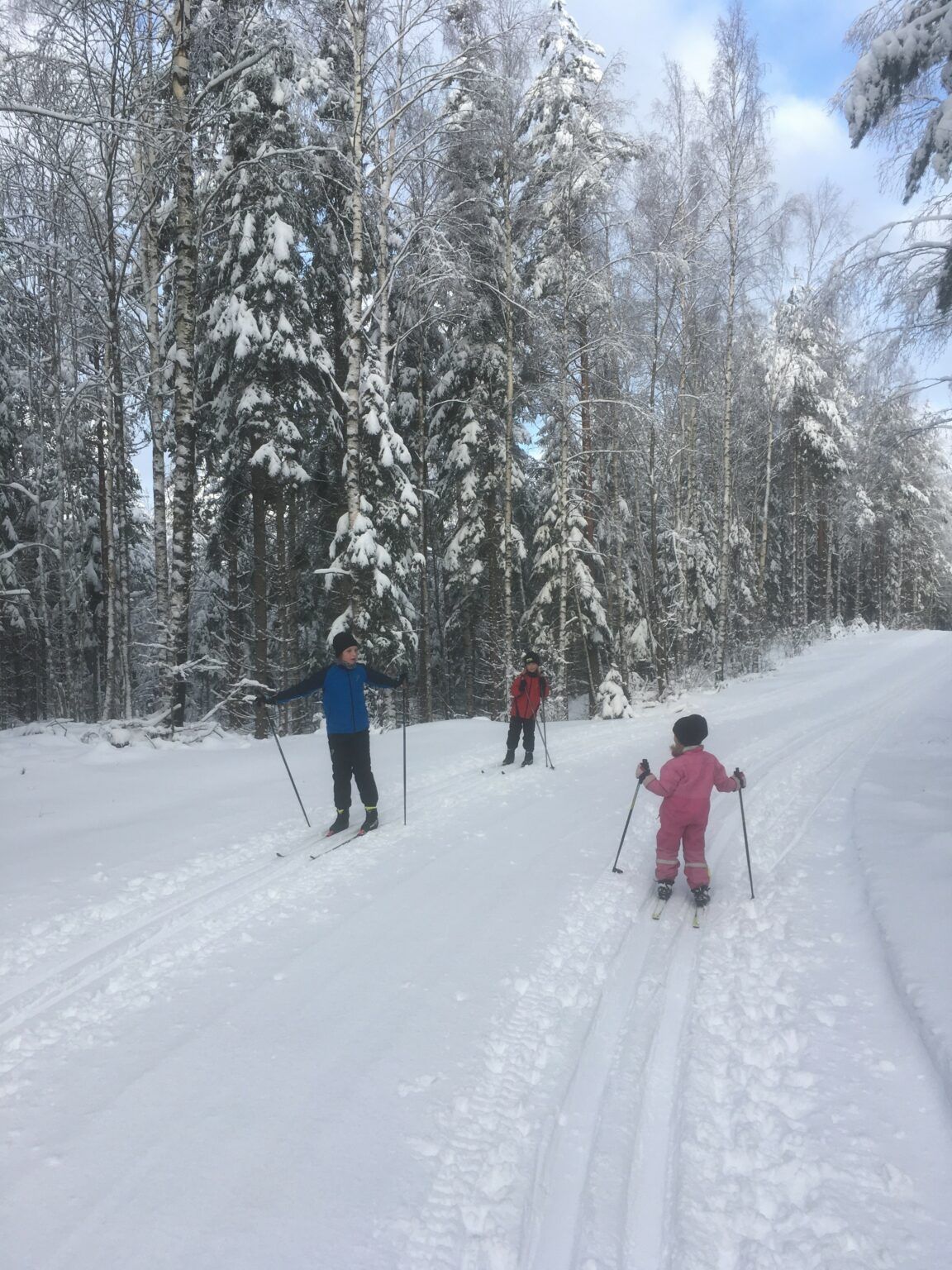 Tre barn med skidor och stavar, pratar med varandra i skidspåren. Två stycken är på väg mot fotografen, en är på väg i spåret bort från fotografen.