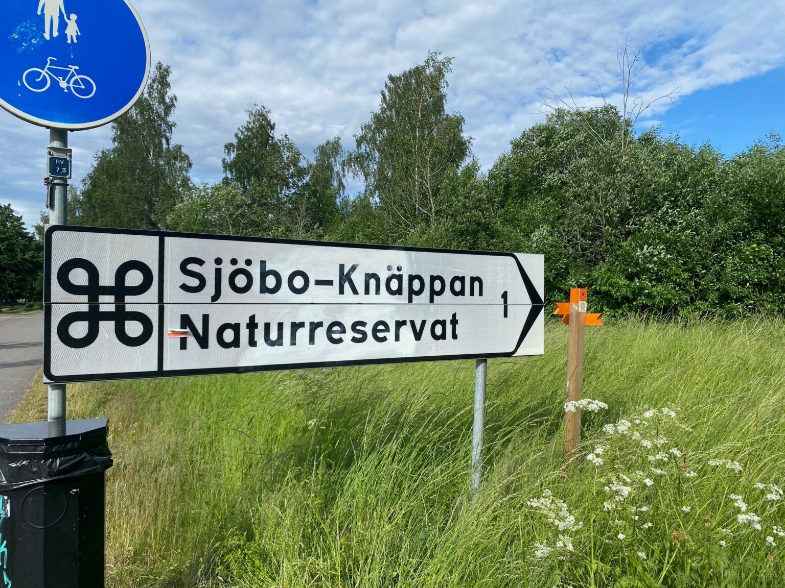 En vit informationsskylt i bild: "Sjöbo-Knäppan naturreservat".